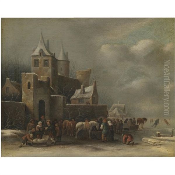 A Winter Landscape With Figures Conversing Outside A Village Oil Painting by Nicolaes Molenaer