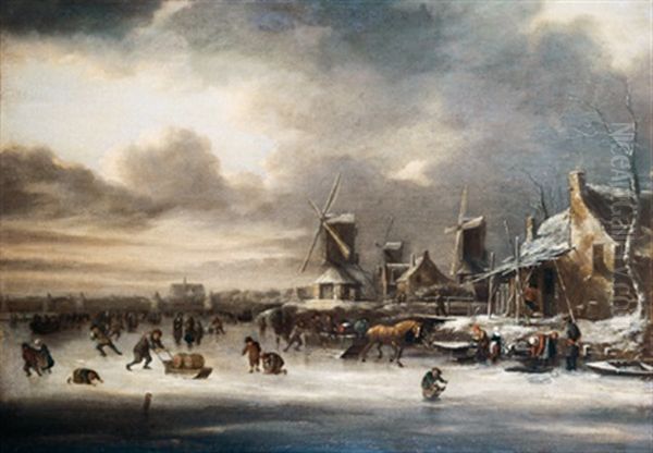 Winterliche Dorflandschaft An Einem Weiten Fluss Mit Eislaufern Oil Painting by Nicolaes Molenaer