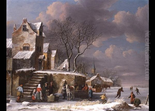 Hollandisches Dorf An Zugefrorenem See Oil Painting by Nicolaes Molenaer