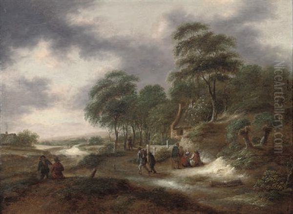 A Wooded Landscape With Figures On A Track By A House by Nicolaes Molenaer