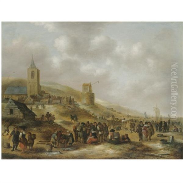 A View Of The Beach At Scheveningen With Fishermen Selling Their Catch Oil Painting by Nicolaes Molenaer