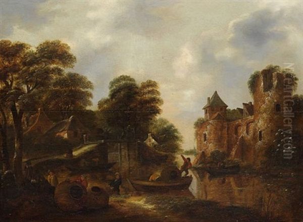 Flusslandschaft Mit Dorf Und Ruine Oil Painting by Nicolaes Molenaer