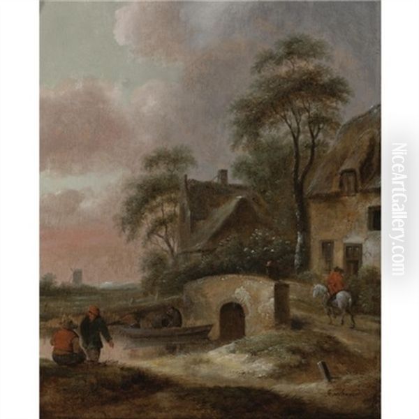 Landscape With Houses By A River With Figures Along The Bank And In A Boat Oil Painting by Nicolaes Molenaer