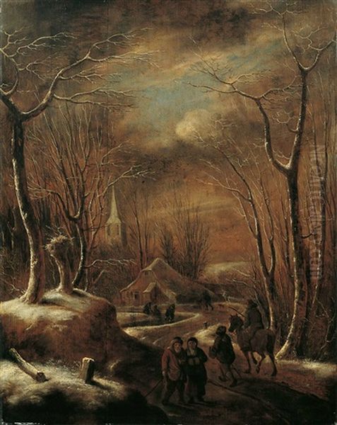 Winterlandschaft Mit Wanderern Vor Einem Dorf Oil Painting by Nicolaes Molenaer