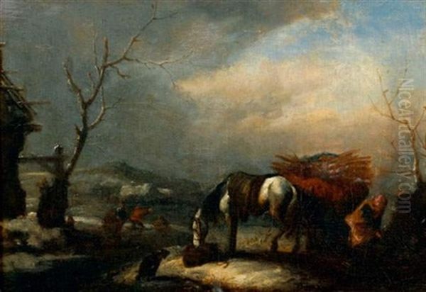 Paysage D'hiver Au Cheval Blanc Oil Painting by Nicolaes Molenaer