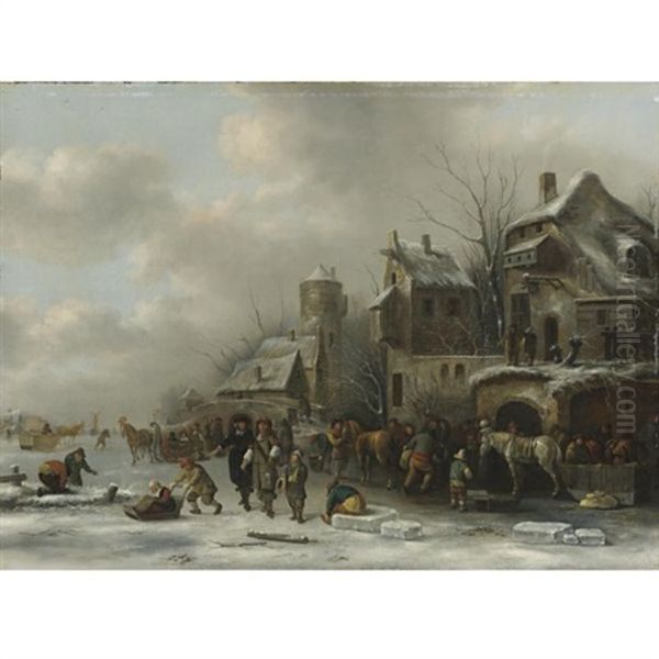 Winter Landscape With Two Gentleman And Peasants On A Frozen River By A Village Oil Painting by Nicolaes Molenaer