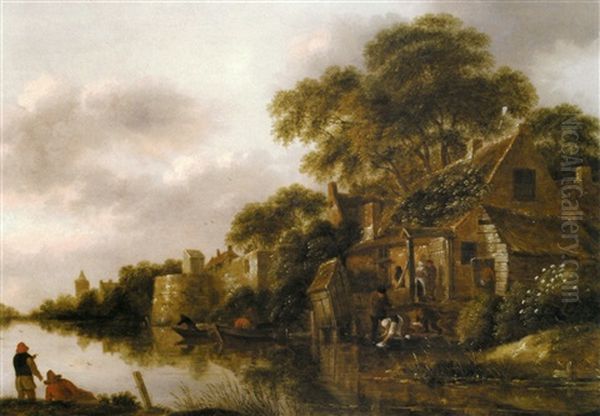 Lavandieres En Bord De Riviere Oil Painting by Nicolaes Molenaer