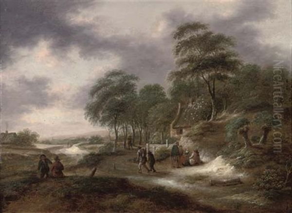 A Wooded Landscape With Figures On A Track By A House Oil Painting by Nicolaes Molenaer