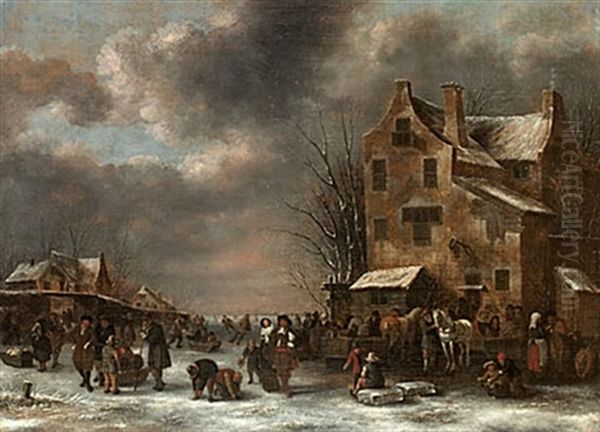 Stadsbild I Vinter Med Frusen Kanal Oil Painting by Nicolaes Molenaer