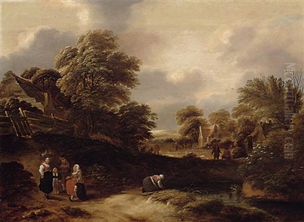 Am Weiher. Landschaft Mit Katen Und Figurenstaffage Oil Painting by Nicolaes Molenaer