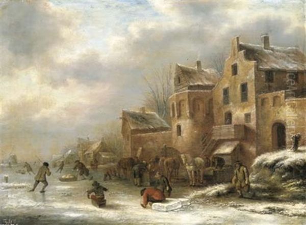 A Winter Landscape With Skaters By A Village Oil Painting by Nicolaes Molenaer