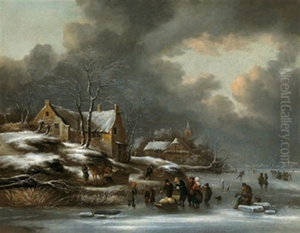 Winterlandschaft Mit Schlittenfahrern Und Eislaufern Oil Painting by Nicolaes Molenaer