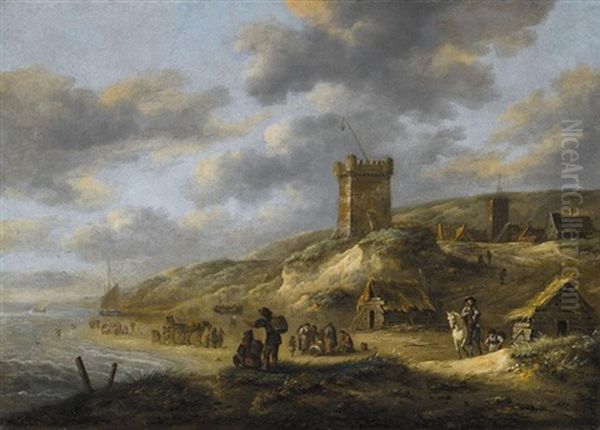 The Beach At Scheveningen With Fishermen Selling Their Catch Oil Painting by Nicolaes Molenaer