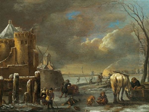 Winterlandschaft Vor Einer Befestigten Stadt Mit Vielen Figuren Oil Painting by Nicolaes Molenaer