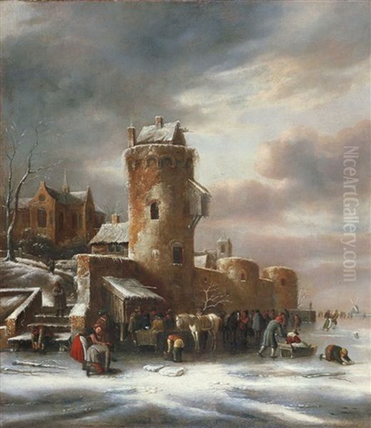 Winterlandschaft Mit Einem Befestigten Stadtchen Am Kanalufer Und Eislaufern Oil Painting by Nicolaes Molenaer