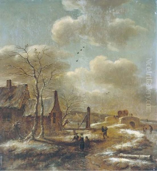 A Winter Landscape With Travellers Before A Farm, A Stone Bridge Beyond Oil Painting by Nicolaes Molenaer