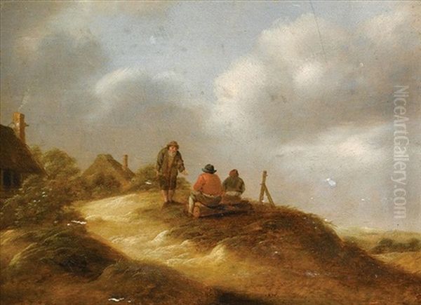 A Dune Landscape With Three Boors Conversing Before A Hamlet by Nicolaes Molenaer