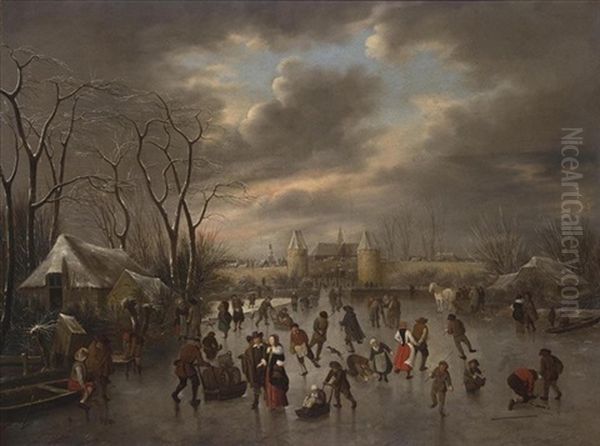 A Winter Landscape With A View Of Haarlem From The North With The Eentjes Or Leidse Waterpoort And The Langebrug, And A View Of The St. Bavo And The Bakenesse Church Beyond Oil Painting by Nicolaes Molenaer