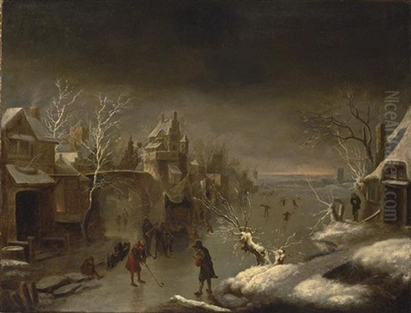 A Winter Landscape With Colf Players On The Ice Near A Town Gate by Nicolaes Molenaer