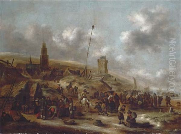 The Beach At Scheveningen With Fishermen Unloading Their Catch Oil Painting by Nicolaes Molenaer