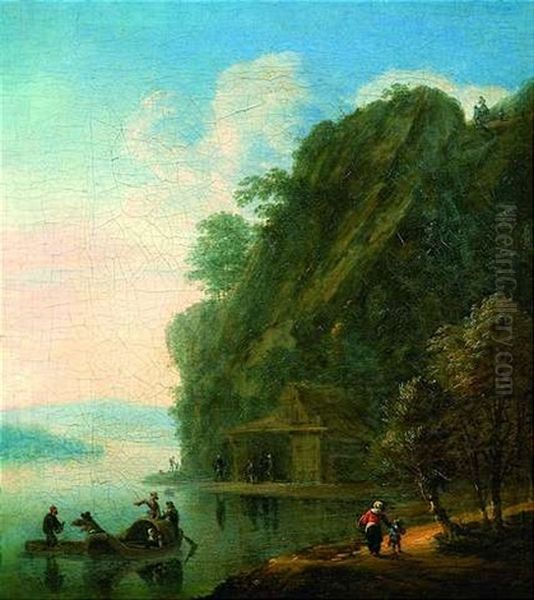 Felsige Flusslandschaft Mit Fischern Oil Painting by Nicolaes Molenaer