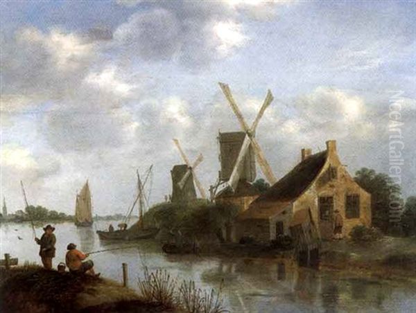 Bord De Riviere Avec Pecheurs Et Moulins Oil Painting by Nicolaes Molenaer