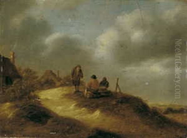 Dunenlandschaft Mit Drei Sich Unterhaltenden Mannern Oil Painting by Nicolaes Molenaer