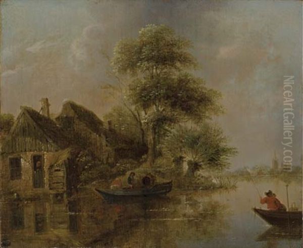 A River Landscape With Fishermen In A Boat Oil Painting by Nicolaes Molenaer