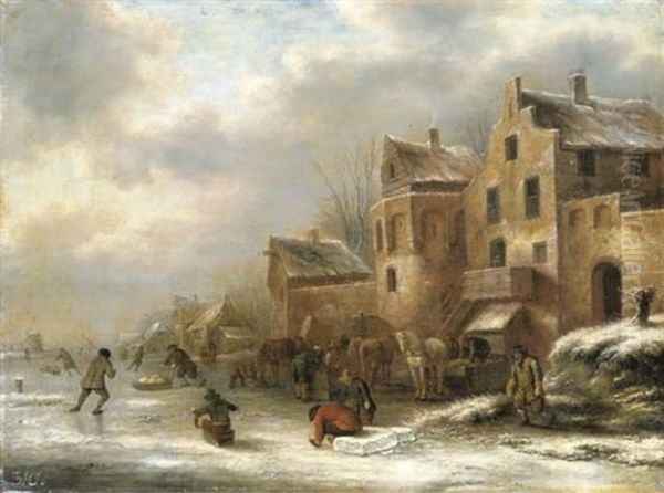 A Winter Landscape With Skaters By A Village Oil Painting by Nicolaes Molenaer