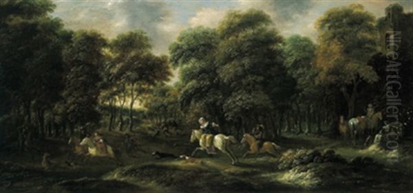 Hirschjagd In Einem Wald Mit Einer Burgruine Oil Painting by Nicolaes Molenaer