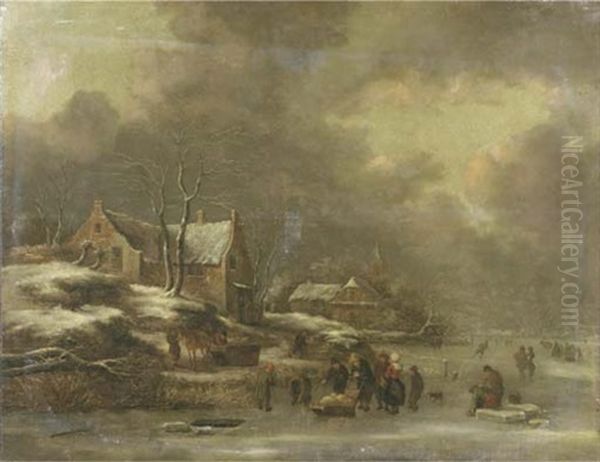 A Winter Landscape With Figures Skating On Frozen Water, A Village Nearby Oil Painting by Nicolaes Molenaer