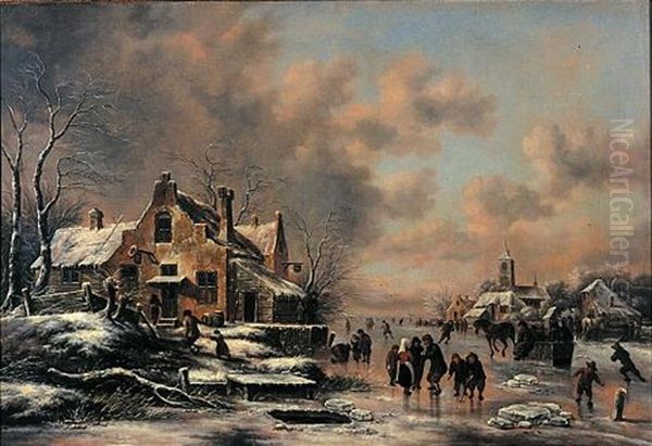 A Winter Landscape With Figures Skating On A Frozen River Before A House, Children Playing Kolf In The Foreground by Nicolaes Molenaer