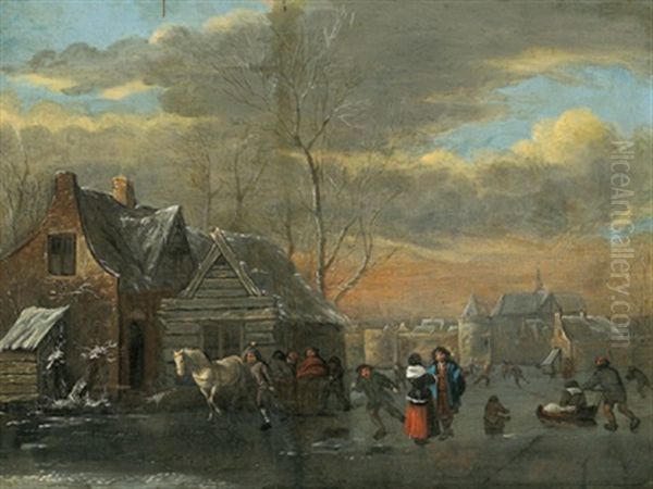 Ein Dorf Im Winter Mit Schlittschuhlaufern Und Einem Pferdekarren Oil Painting by Nicolaes Molenaer