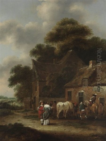 Vornehme Gesellschaft Bei Einer Schenke Einen Halt Einlegend Oil Painting by Nicolaes Molenaer