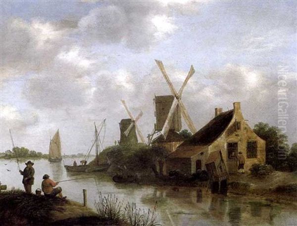 Bord De Riviere Avec Pecheurs Et Moulins Oil Painting by Nicolaes Molenaer