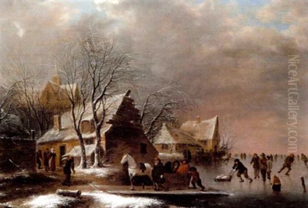 A Winter Landscape With Figures Skating On A Frozen River, A View To A Village Beyond Oil Painting by Nicolaes Molenaer