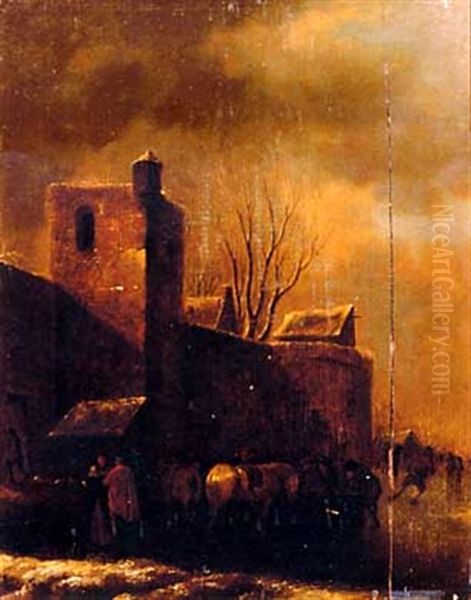 A Winter Landscape With Peasants On A Frozen Waterway Outside A Town Wall Oil Painting by Nicolaes Molenaer