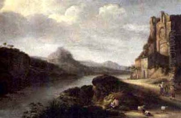 An Extensive Italianate River Landscape With Figures Resting Near Ruins Oil Painting by Nicolaes Molenaer