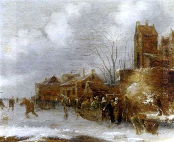 A Winter Landscape With Figures On A Frozen Canal Oil Painting by Nicolaes Molenaer