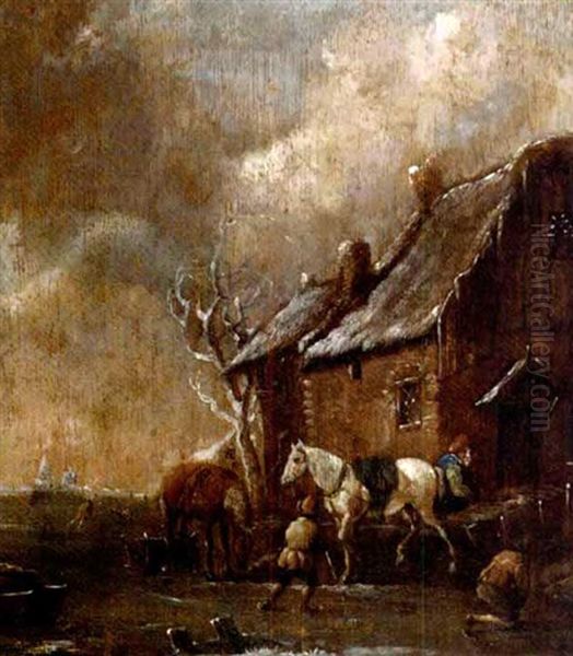 A Winter Landscape With Figures Skating And Playing Kolf On A Frozen River By A Farm Oil Painting by Nicolaes Molenaer