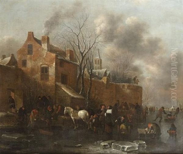 A Winter Landscape With Skaters On A Frozen River, Workmen Unloading Their Sledges And Numerous Other Figures Outside The Walls Of A Walled Town Oil Painting by Nicolaes Molenaer