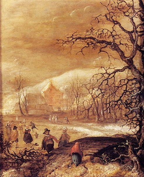 Paysage Anime De Patineurs Sur Lac Gele Oil Painting by Nicolaes Molenaer