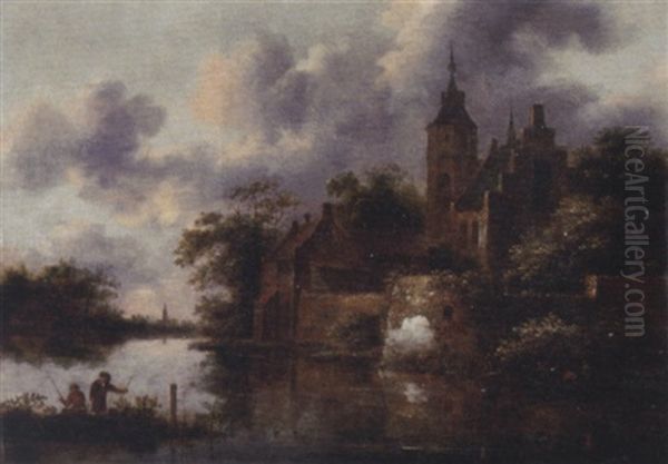 A River Landscape With A Rowing Boat By A Fortified Town, Anglers In The Foreground Oil Painting by Nicolaes Molenaer