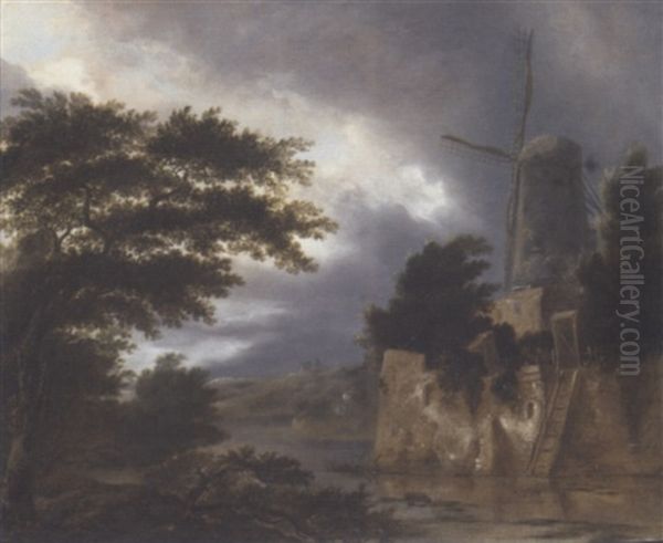 A Wooded River Landscape With A Windmill Oil Painting by Nicolaes Molenaer