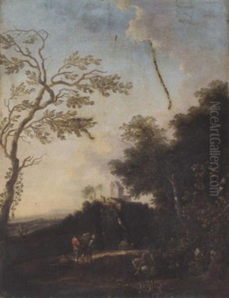 A Wooded Landscape With Travellers On A Track Oil Painting by Nicolaes Molenaer