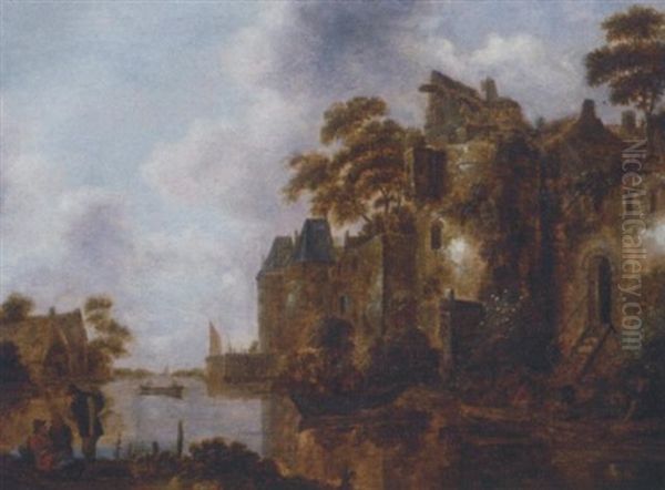 A River Landscape With Rowing Boats By A Fortified Town, Conversing Figures On The River Bank In The Foreground Oil Painting by Nicolaes Molenaer