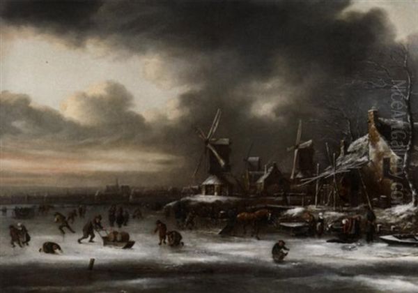 Winterbild. Reges Treiben Auf Dem Eis Vor Einer Hollandischen Stadt. Aufziehende Gewitterwolken Oil Painting by Nicolaes Molenaer