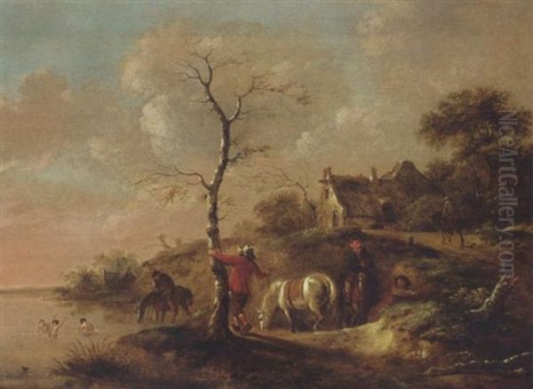 A Wooded Landscape With Travellers Watering Their Horses, Figures Swimming And A Horseman On A Path Near A Farm Oil Painting by Nicolaes Molenaer