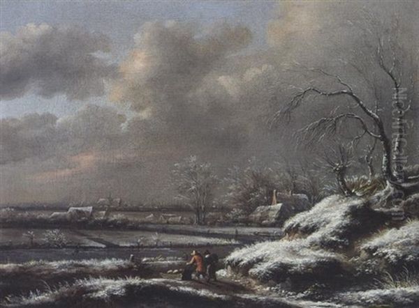 A Winter Landscape With A Man Pushing A Sledge, A View Of Haarlem With The Cathedral Of St. Bravo Beyond Oil Painting by Nicolaes Molenaer