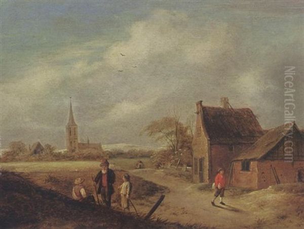 A Landscape With Travellers Resting And Figures On A Path Near A Farm, A Church Beyond Oil Painting by Nicolaes Molenaer